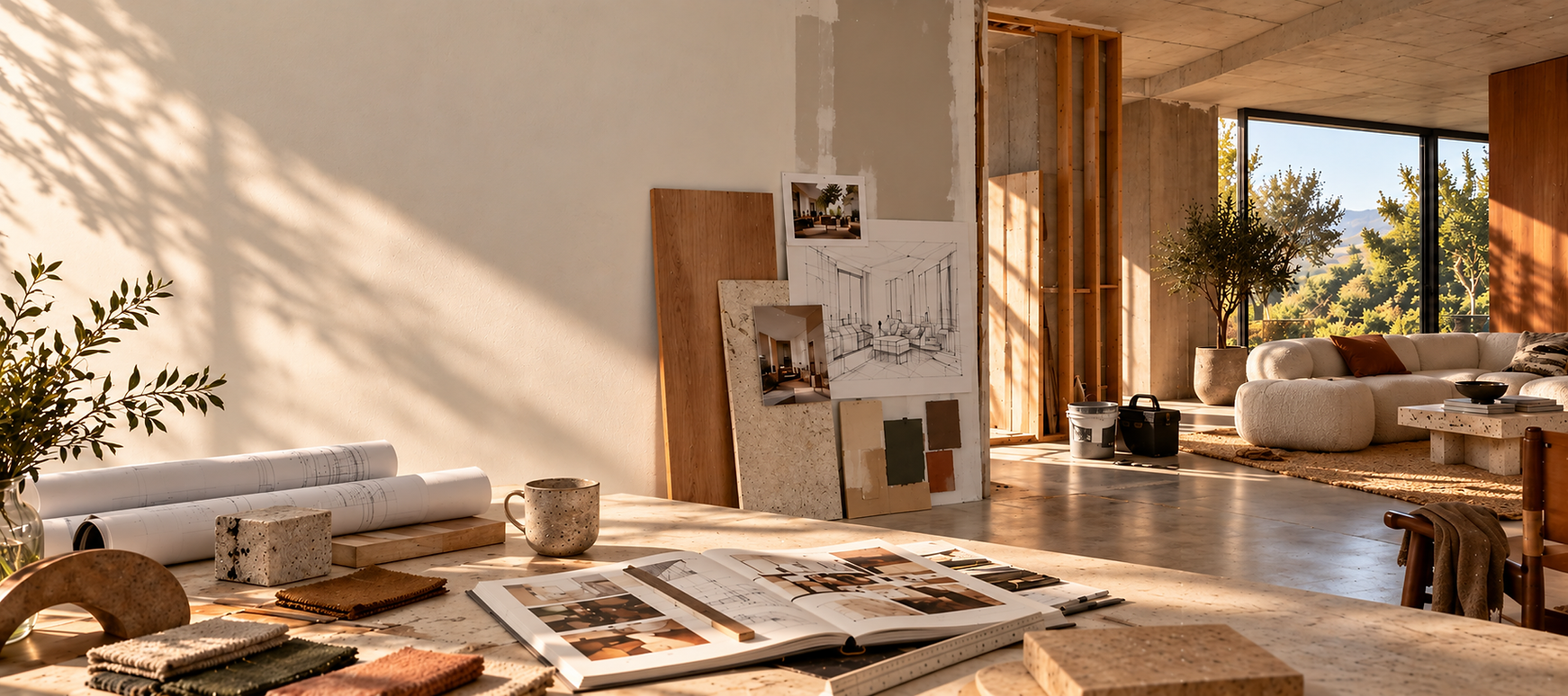 Modern interior design inspiration featuring a sunlit living room, natural materials, architectural sketches, and a creative design mood board.