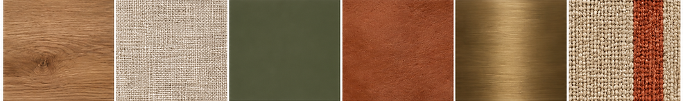 Moonrise Kingdom-inspired Airbnb material palette featuring natural oak wood, stonewashed linen, olive green paint, warm leather, vintage brass, and a textured striped wool rug.