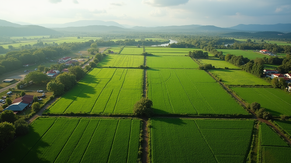 Vista aérea de plantaciones agrícolas en Moca con cultivos organizados
