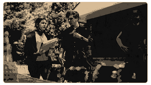 Duotone and stylized image of BTS of Brett Bye from a film set