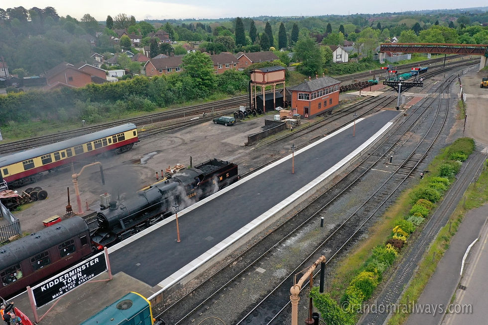 Drone view of the new platform extension with Mogul No 13268 about to depart. Gary Essex
