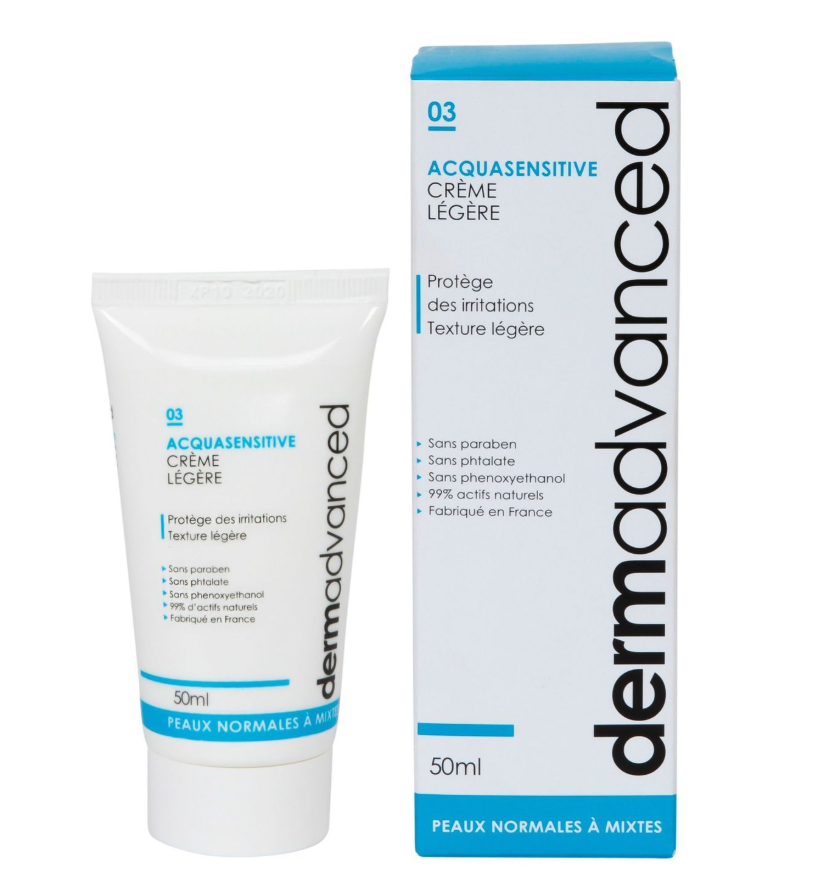 Tube et boîte de crème Dermadvanced Acquasensitive, 50 ml. Protège des irritations. Texte bleu et noir sur fond blanc.