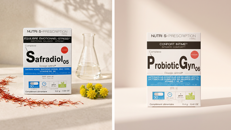 Deux boîtes de compléments Nutri S-Prescription, Safradiol et Probiotic Gyn, sur fond beige avec verrerie et fleurs.