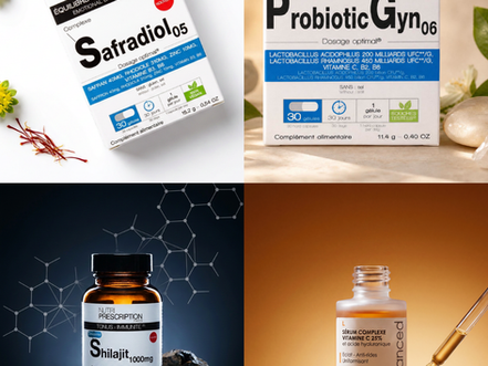 Quatre flacons et boîtes de compléments Nutri S-Prescription, sur fonds blanc, beige et sombre, avec pipette et tranches d’orange.