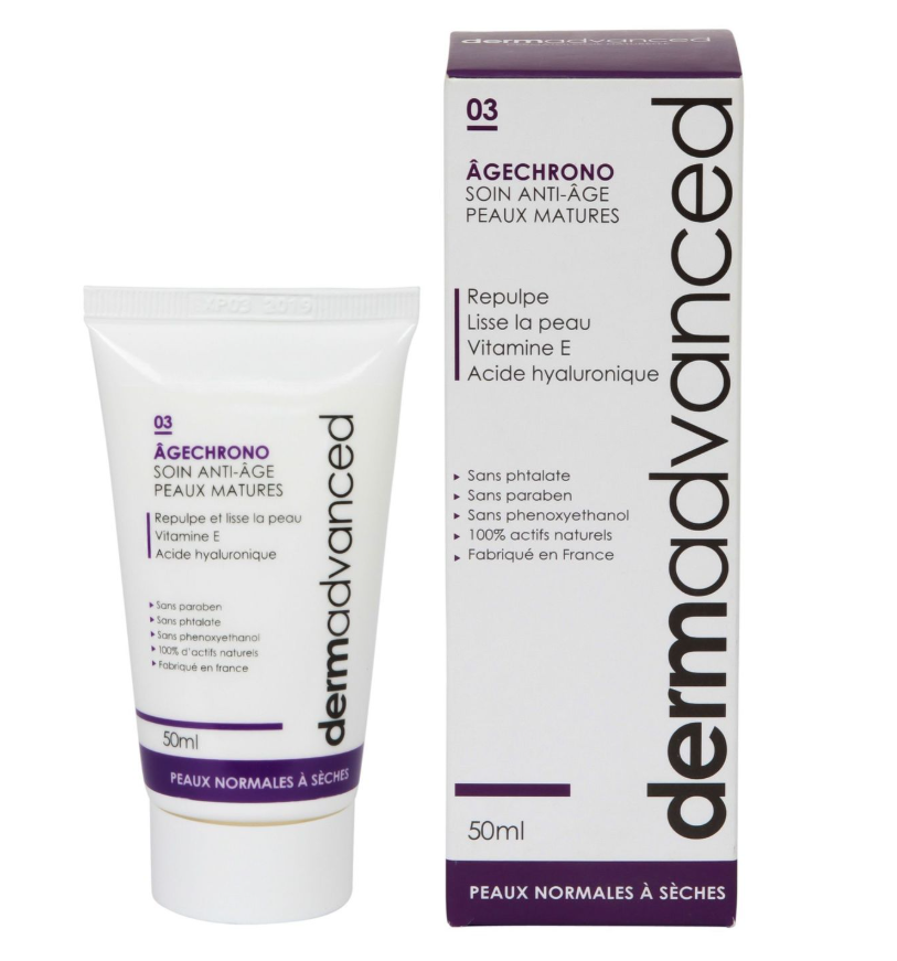 Tube et boîte Dermadvanced 03 Âgechrono soin anti-âge pour peaux matures, blanc et violet, 50 ml, sur fond blanc.