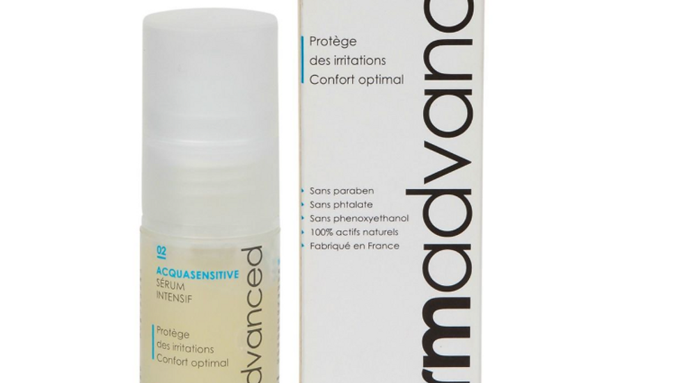 Sérum intensif dermadvanced et boîte bleue/blanche, textes indiquant protection contre irritations, confort optimal, 30 ml, toutes peaux.