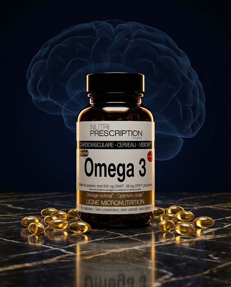 Flacon d’Oméga 3 Nutri Prescription devant un cerveau bleu, capsules dorées sur fond sombre.