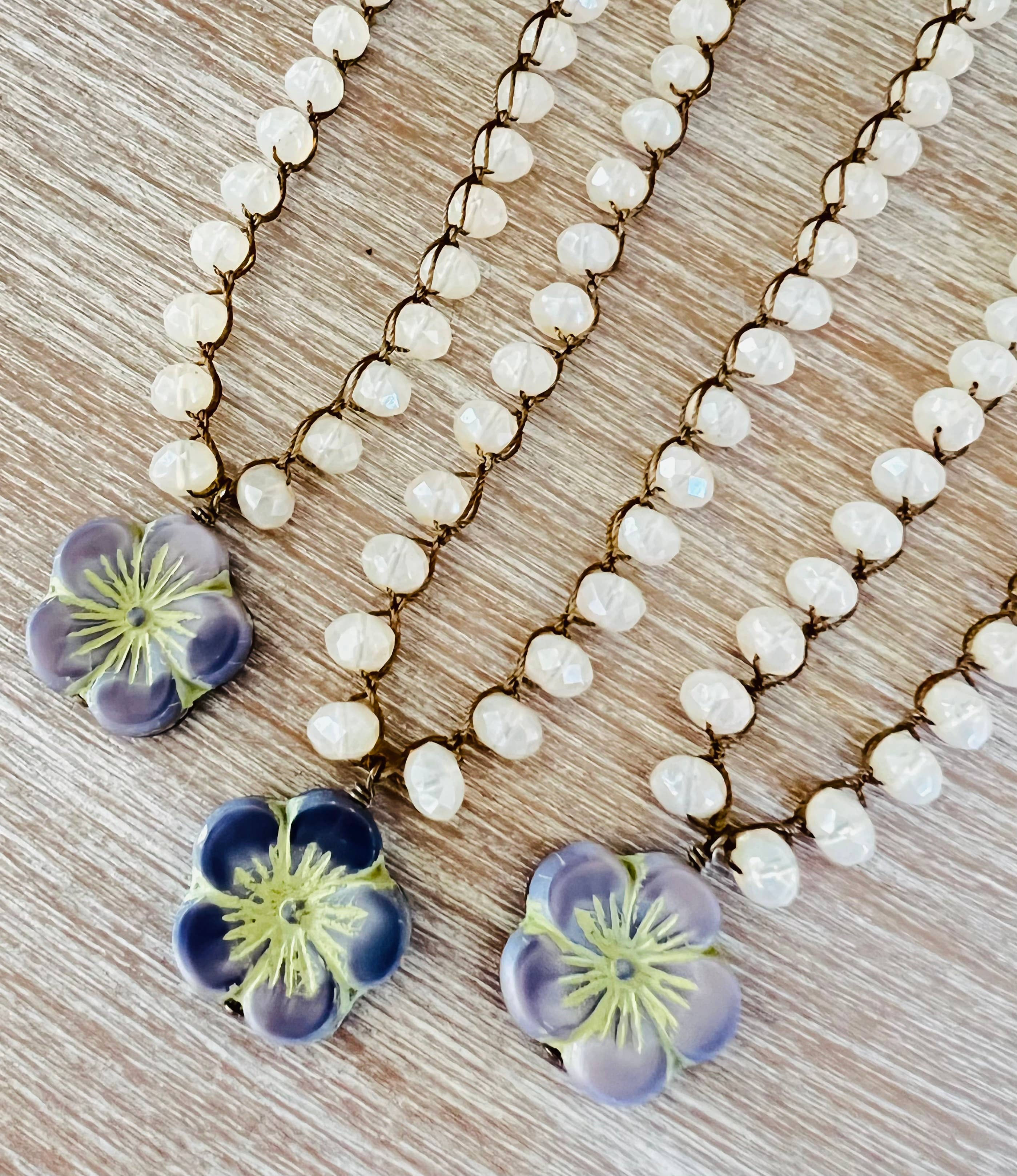 Soft Lavender Pressed Glass Flower Necklace And Opal Crystal