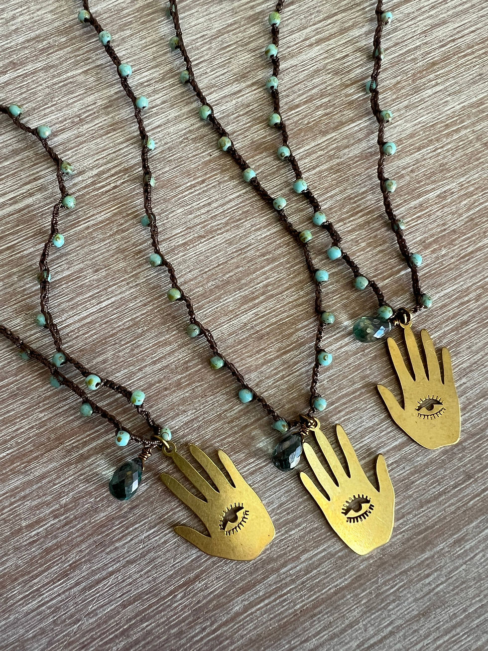 Thumbnail: Hamsa Hand Necklace With Green Quartz Drop