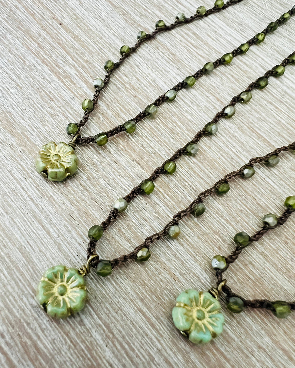 Thumbnail: Green Marshland Glass Flower Crocheted Necklace
