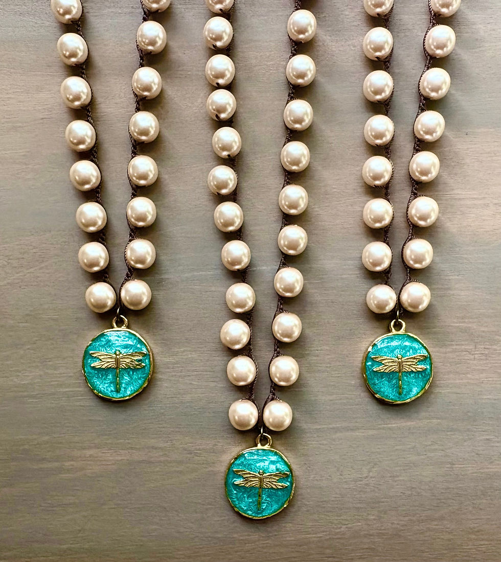 Thumbnail: Teal Shimmer Golden Dragonfly Necklace with Glass Pearls