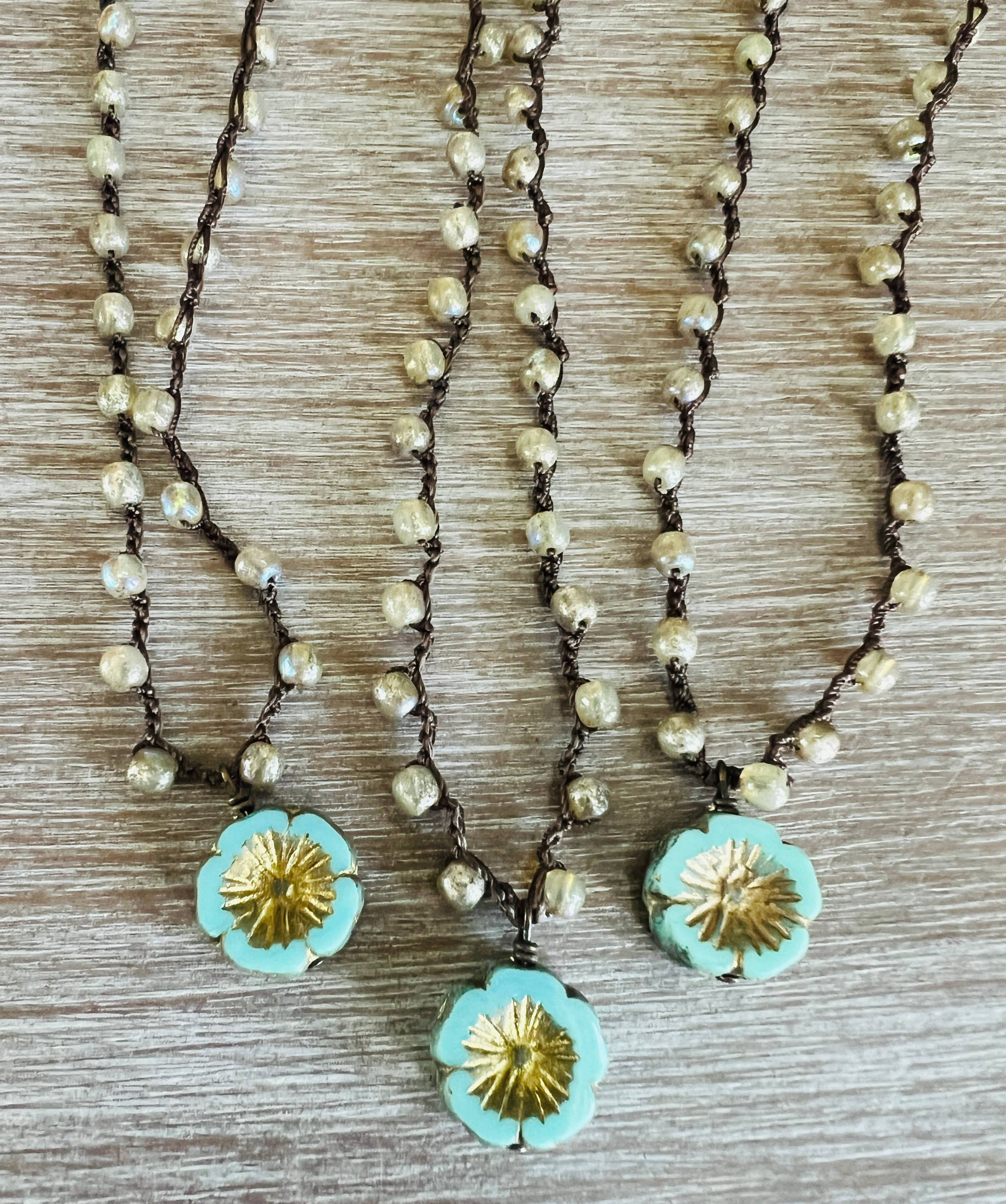 Golden Aqua Crystal Flower Crocheted Necklace