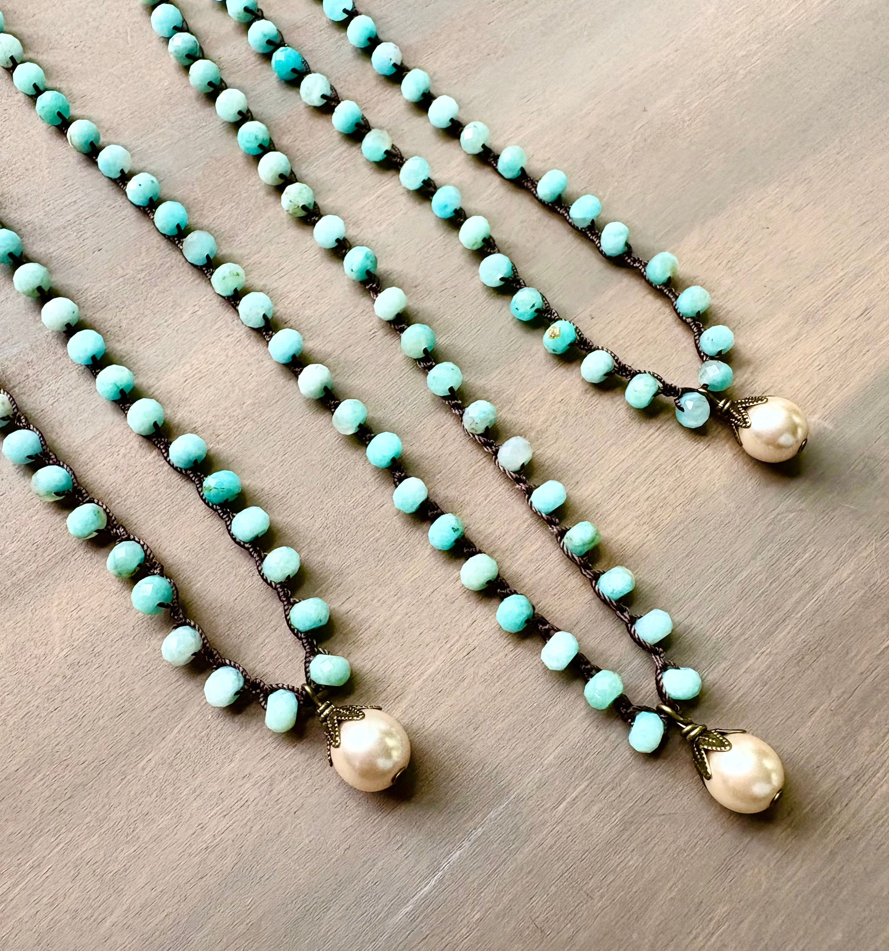 Faceted Amazonite Stones Crocheted With Glass Pearl Drop