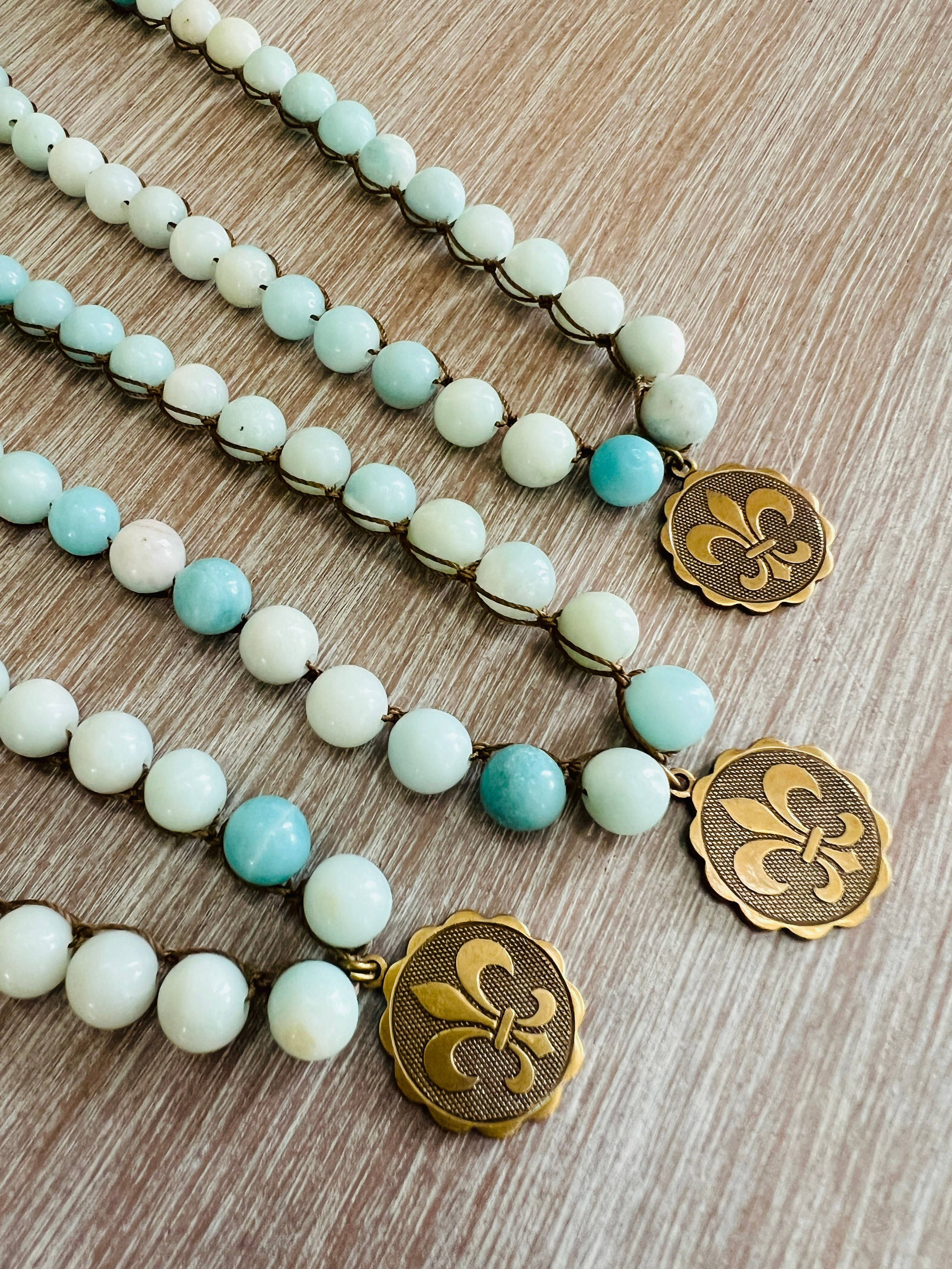 Fleur Des Lis Charm Necklace With Knotted Amazonite Stones