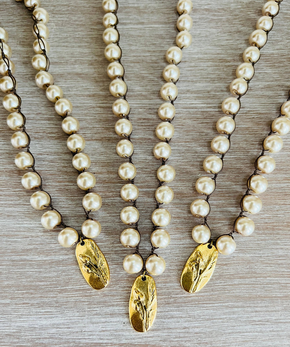 Thumbnail: Classic Glass Pearl Necklace And Handmade Marsh Flower Charm