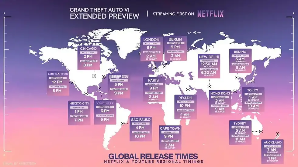 GTA 6 Extended Look Netflix and YouTube Global Release Time Confirmed