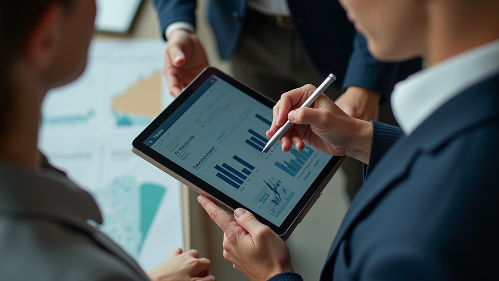 High angle view of a digital marketing team discussing campaign data on a tablet