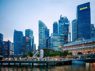 Singapore's skyline with the iconic Merlion and modern skyscrapers