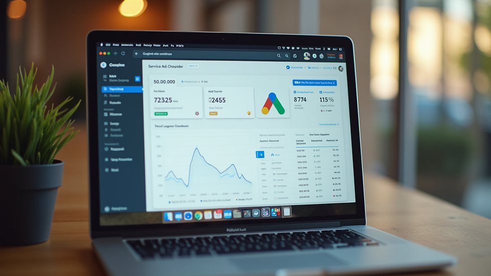 Eye-level view of a laptop screen showing Google Ads dashboard with campaign data