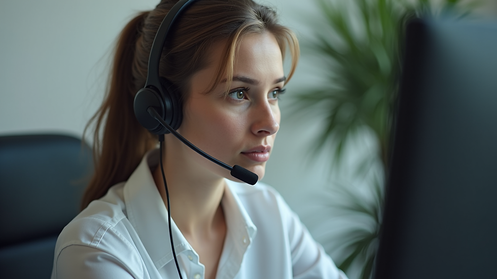 High angle view of a customer support agent working with a headset