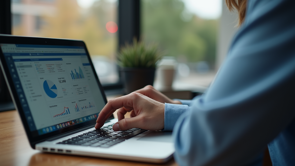 Close-up view of a marketer analyzing customer data on a laptop