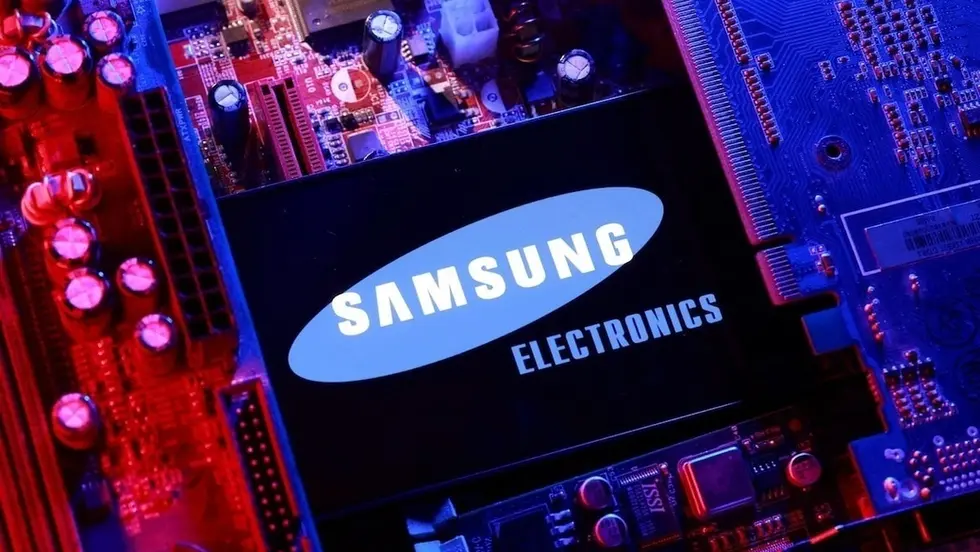 A Samsung Electronics logo and a computer motherboard appear in this illustration taken Aug. 25, 2025