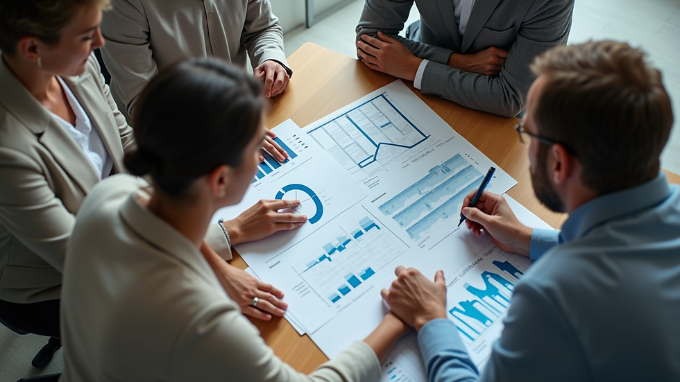 High angle view of a team discussing marketing strategy with charts