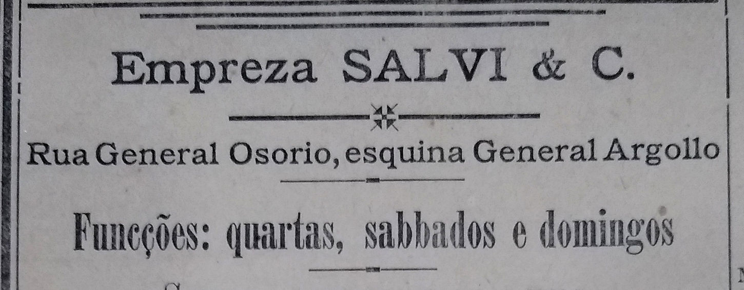 de página de jornalEditRecorte de página de jornal com anúncio do Cinema Popular da empresa Salvi & C. na esquina das ruas General Osório e General Argolo, informando funcionamento às quartas, sábados e domingos com programação sempre nova, documentando as práticas comerciais e periodicidade de exibição dos cinemas populares de Pelotas no início do século XX