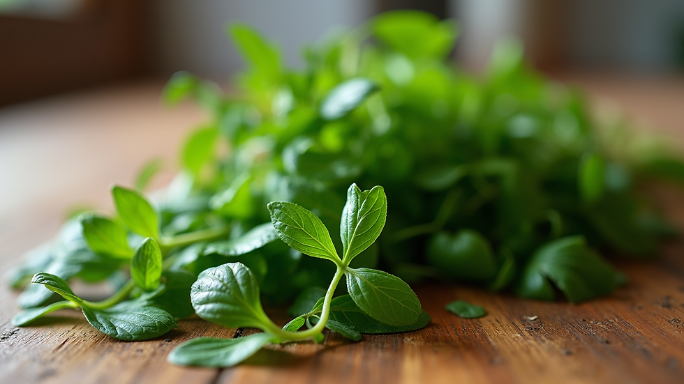 Close-up view of fresh herbs on a wooden table
