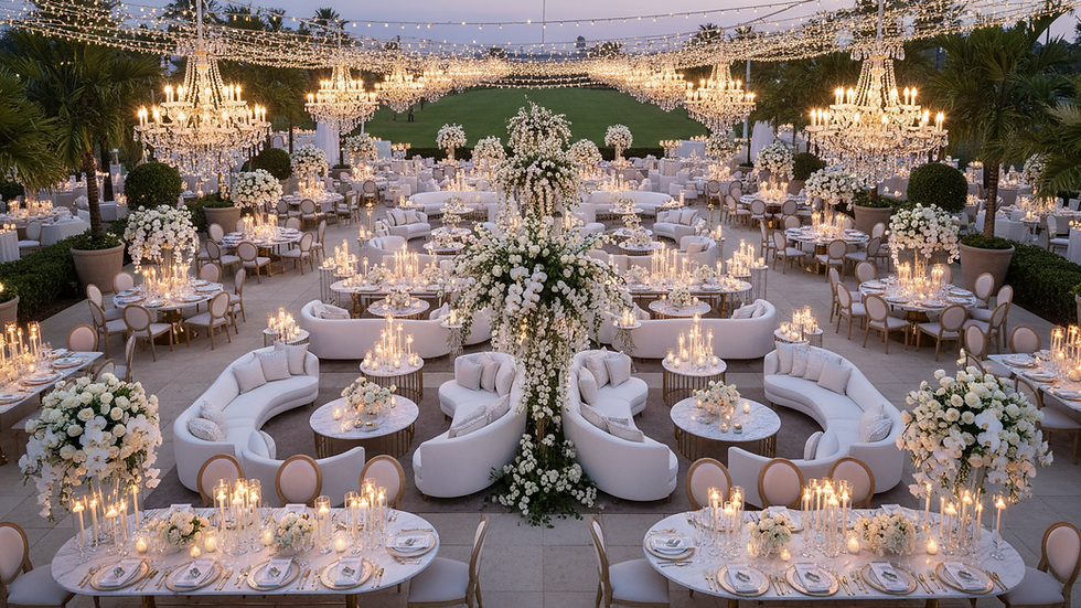 High angle view of a spacious outdoor event venue with elegant seating and greenery