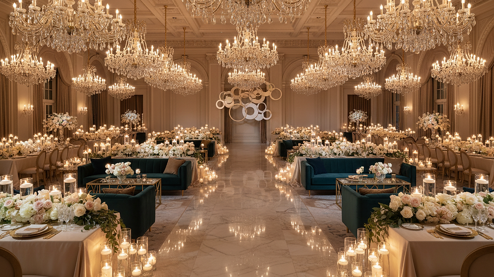 Eye-level view of a grand ballroom with elegant chandeliers and polished floors