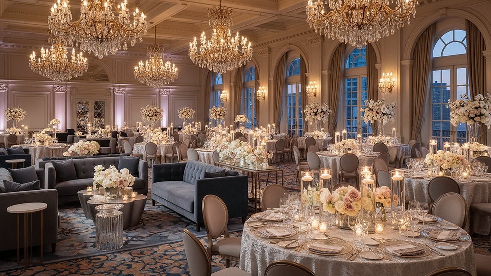 Eye-level view of a large elegant ballroom with round tables and soft lighting