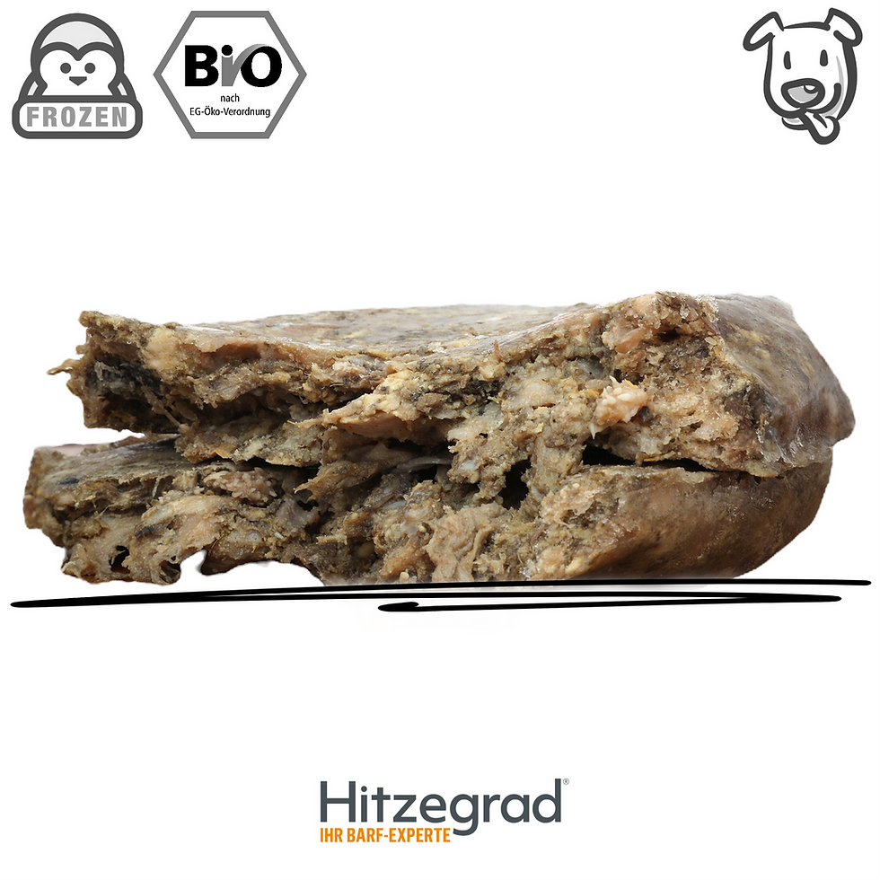 Gefrorener Bio-Rinderblättermagen, angeschnitten, mit Bio- und Hunde-Logos sowie Hitzegrad-Branding auf weißem Hintergrund.