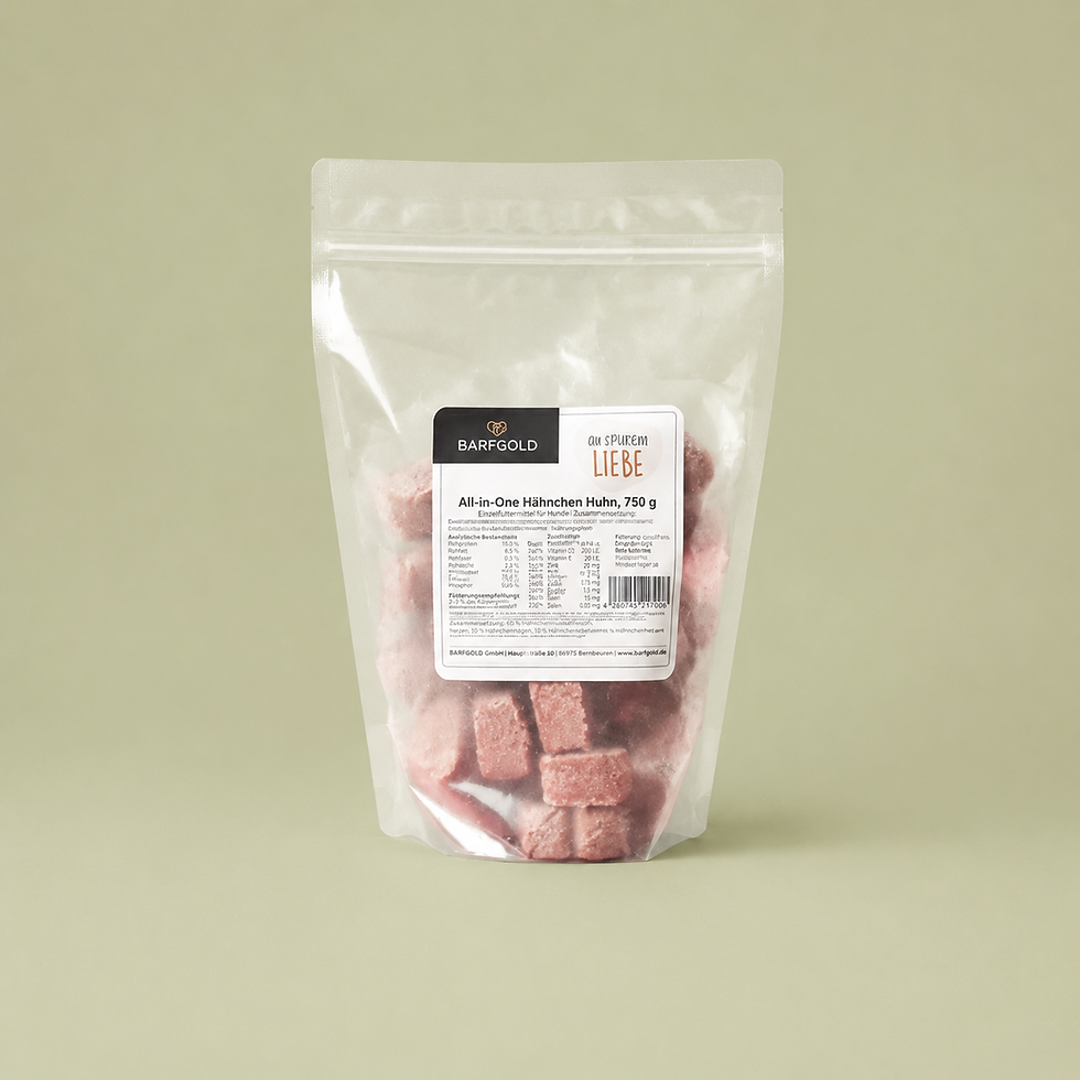 Wiederverschließbare Verpackung Barfgold All-in-One Herzchen Huhn für Hunde