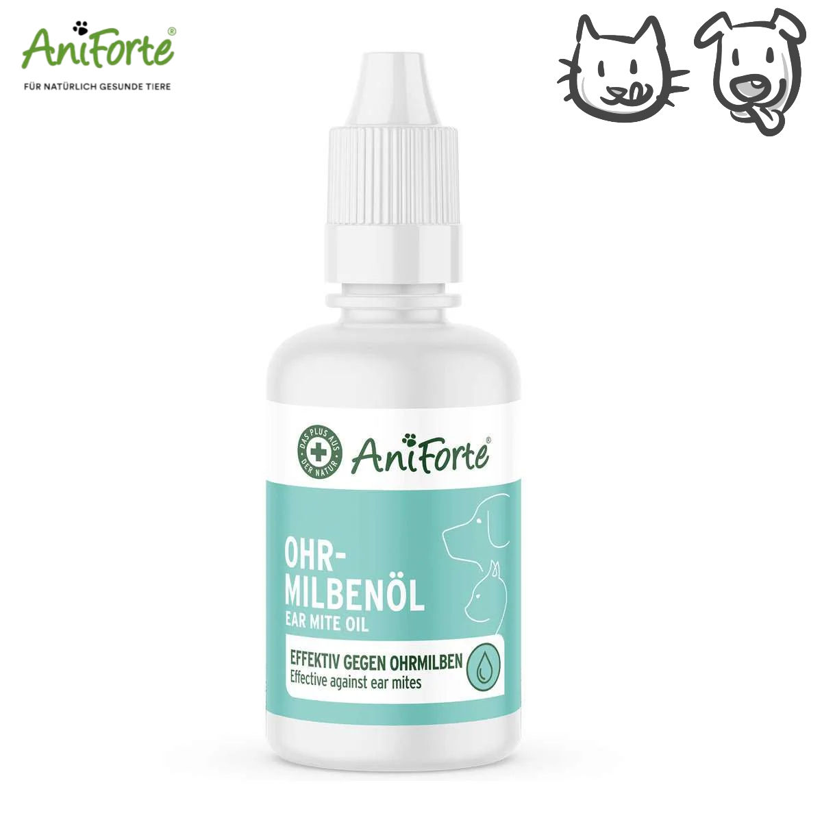 Produktbild einer weißen Flasche AniForte Ohrmilbenöl mit türkisfarbenem Etikett.