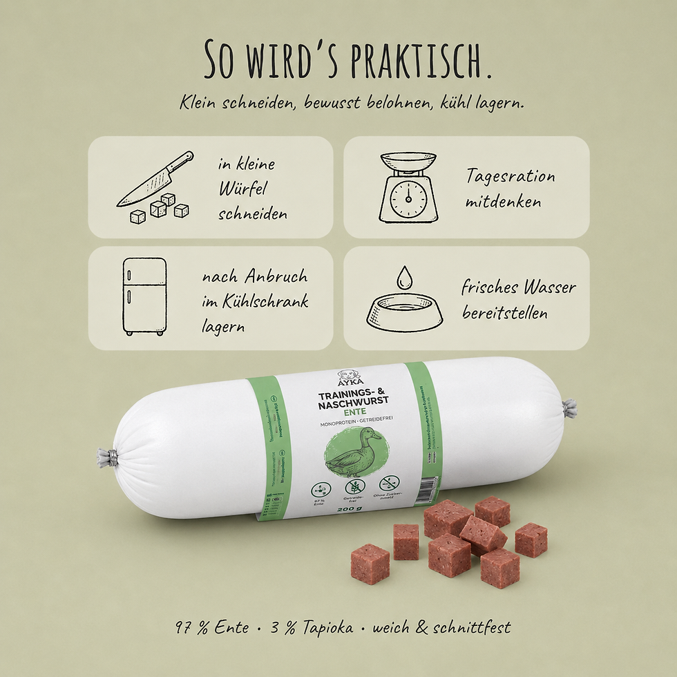 Miniaturbild: AYKA Trainingswurst Ente mit 97 Prozent Entenfleisch und 3 Prozent Tapioka