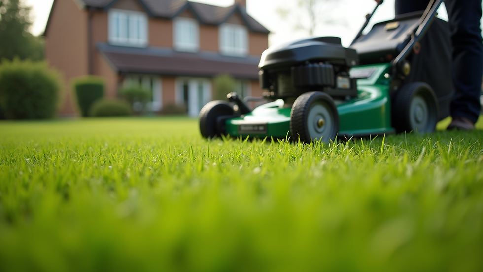 Eye-level view of a professional mowing a green lawn