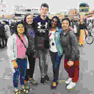 (Left to right) Manuela from Colombia, Gabby from USA, Jesse from Netherlands, Shayna from Singapore, and Nam from Cambodia in Jemaa El Fnaa Square
