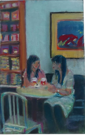 Shayna Cua & Sheila Cua | New York Coffee Chat | Pastel on Paper | By Susan Cua