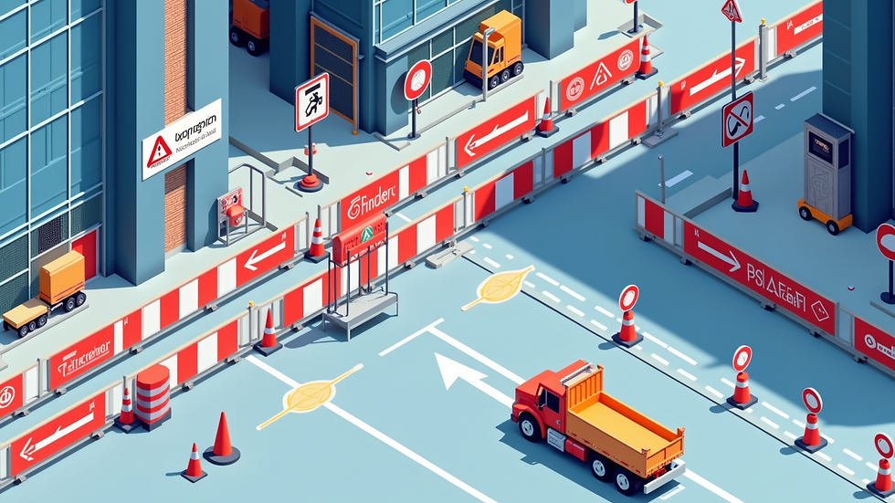 High angle view of a construction site with safety signs and barriers