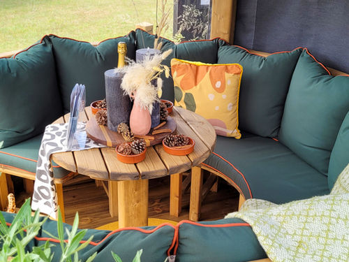 Aster - Olive Verde Cushions with Terracotta piping