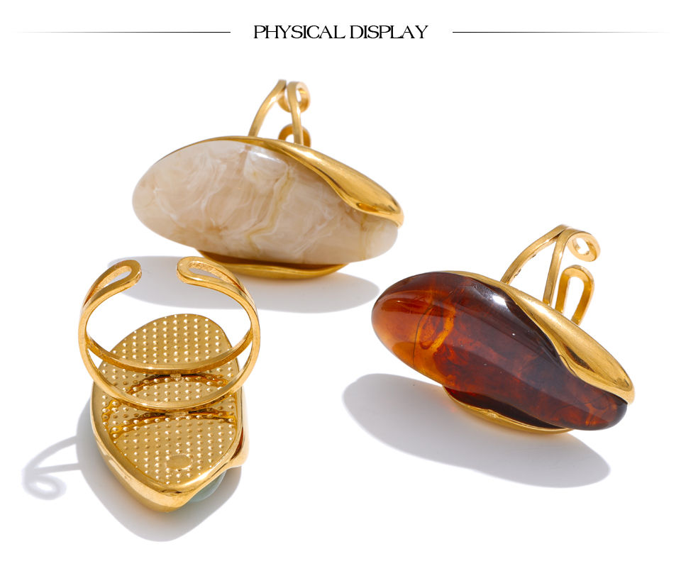 Thumbnail: Yhpup New Design Brown Green Beige Resin Geometric Adjustable Ring Golden PVD St