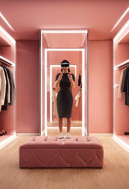 A woman wearing a VR headset inside the closet.