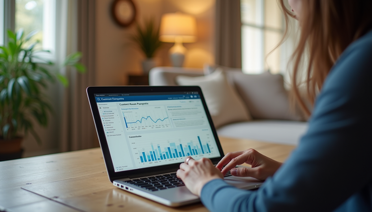 Eye-level view of a person analyzing customer data on a laptop screen
