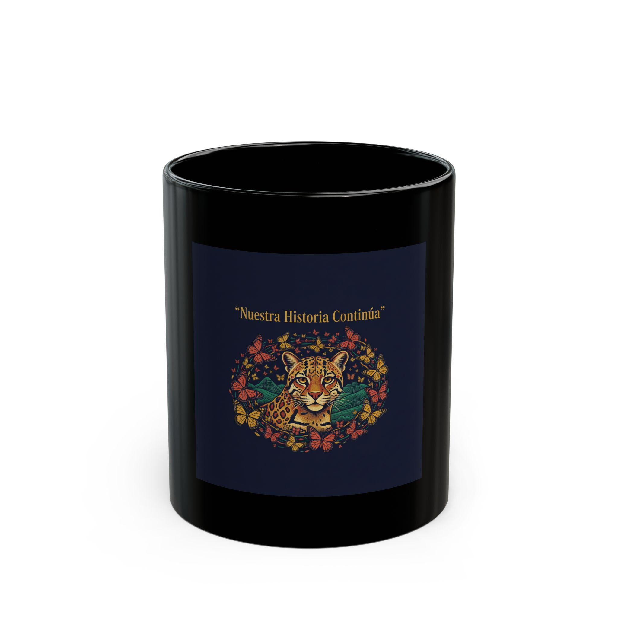 Ocelot And Monarch Butterflies Black Mug 11oz – Nuestra Historia Contina