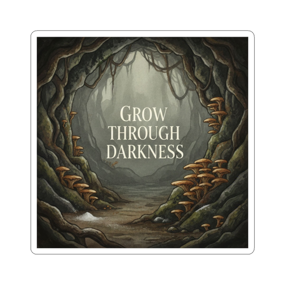 Mushrooms And Entrance Kiss-Cut Sticker – Grow Through Darkness