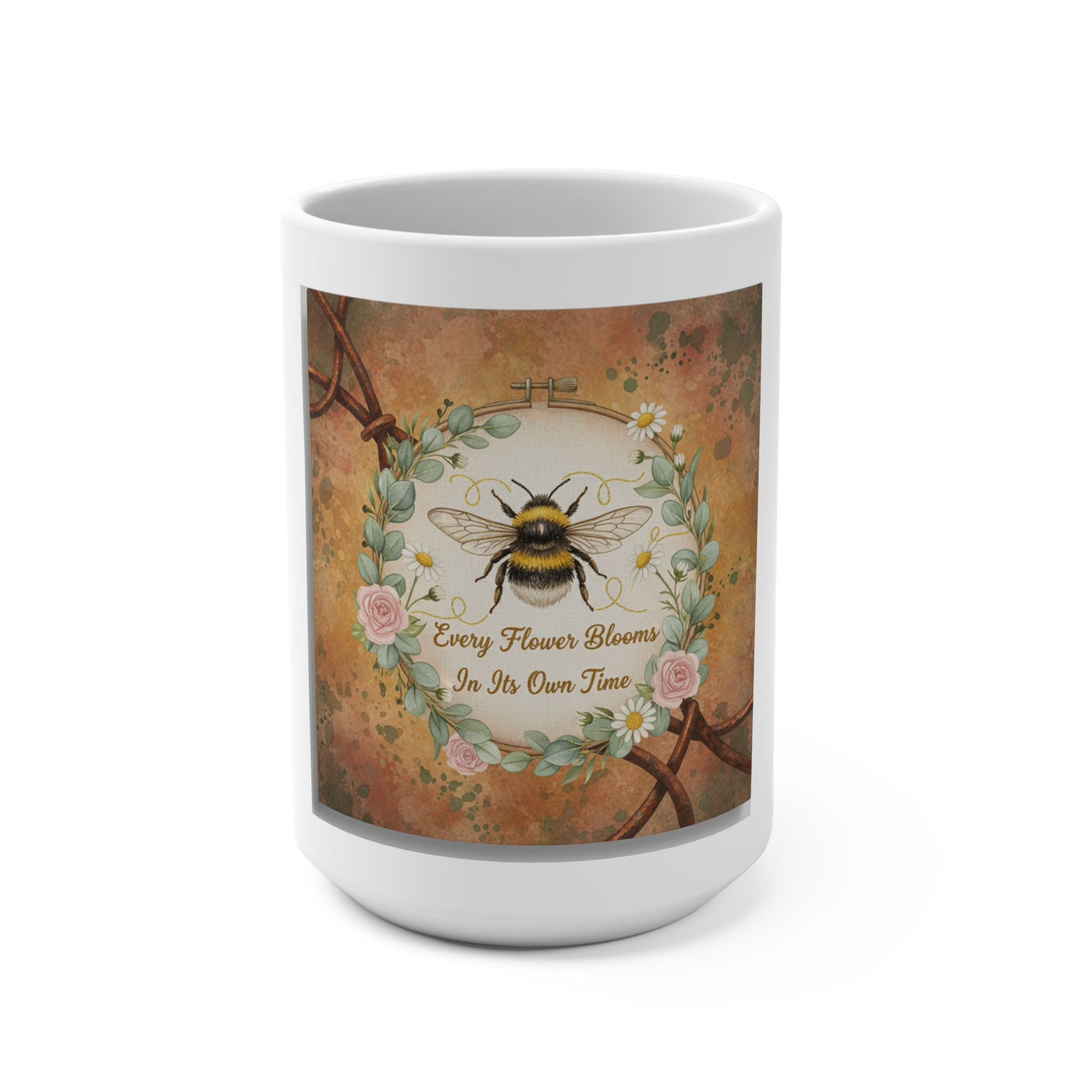 Bee Mug 15oz – Every Flower Blooms in Its Own Time