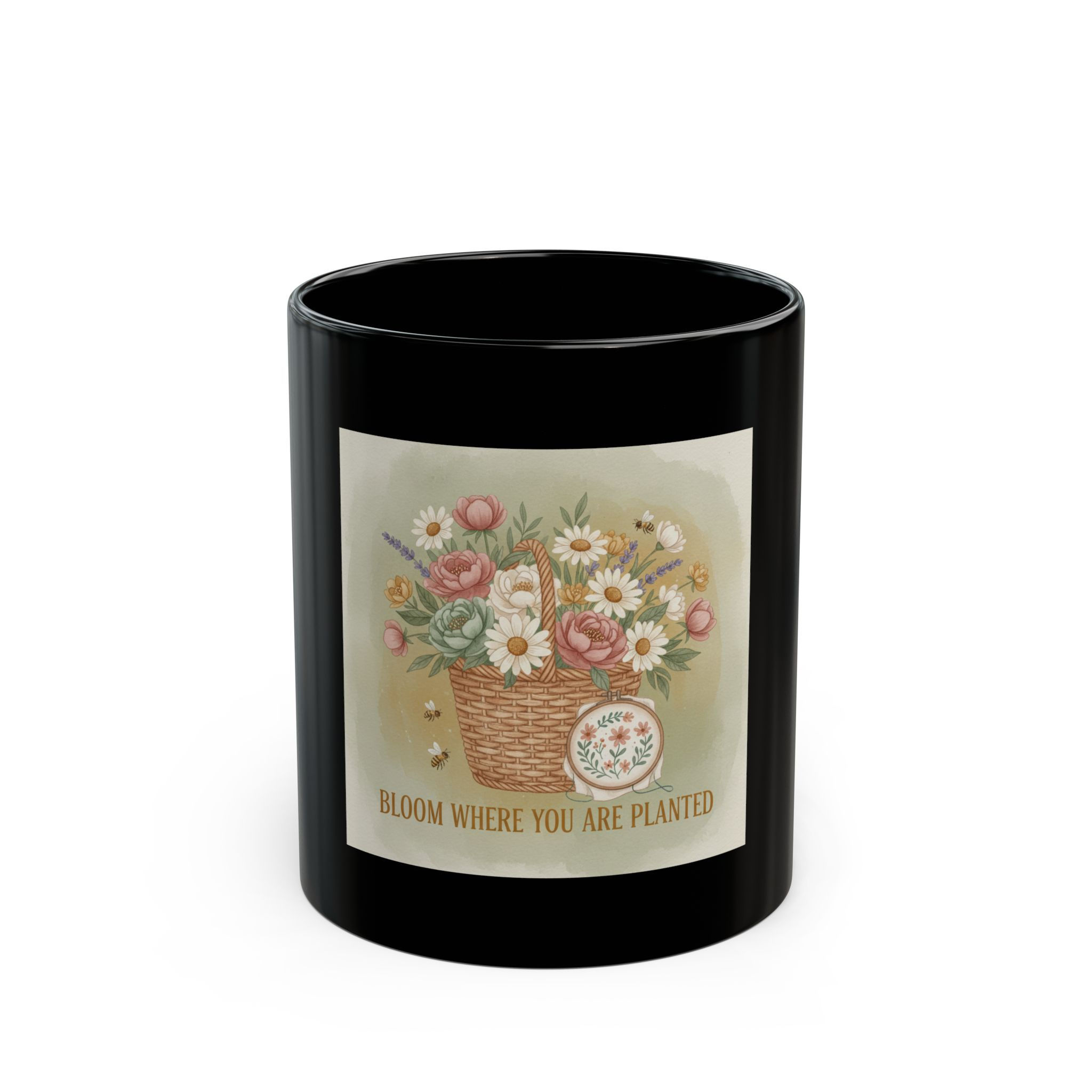Wicker Basket Overflowing With Black Mug 11oz – Bloom Where You Are Planted