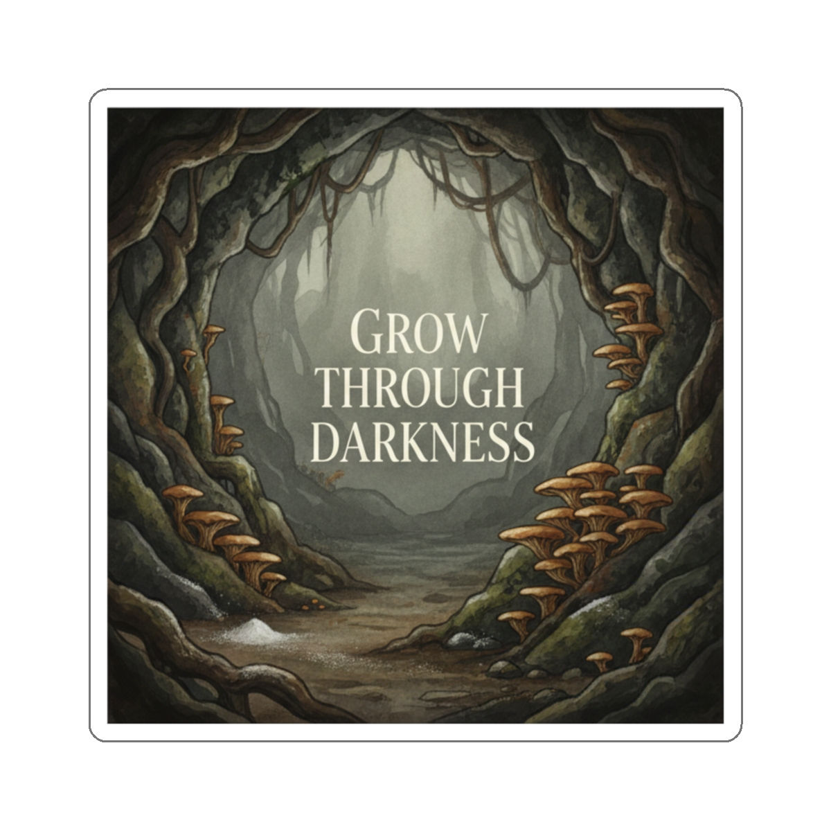 Mushrooms And Entrance Die-Cut Sticker – Grow Through Darkness