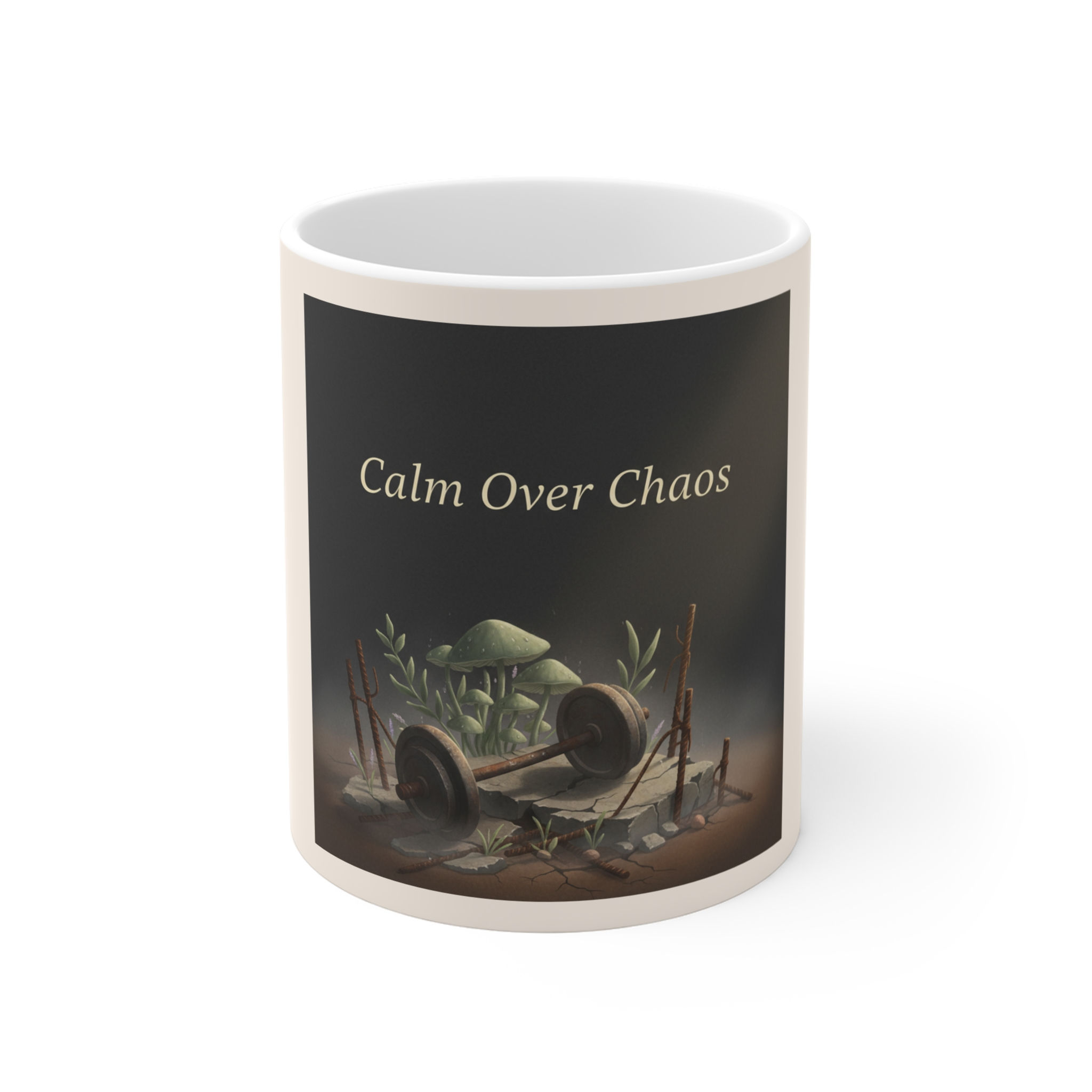 Mushrooms And Rusted Barbell Mug 11oz – Calm Over Chaos